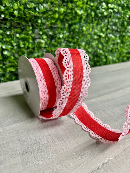 1.5 Inch By 10 Yard Light Pink And Red Lace Edge Royal Burlap Ribbon