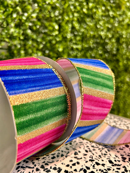 2.5 Inch By 10 Yard Fuchsia Blue Emerald And Gold Watercolor Stripes Ribbon