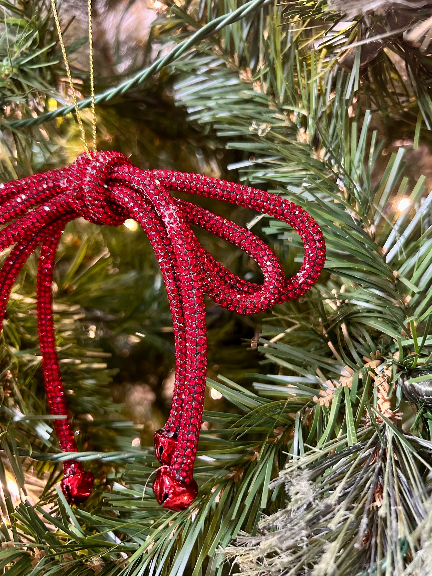 5.5 Inch Red Sparkle Bow With Bells Ornament