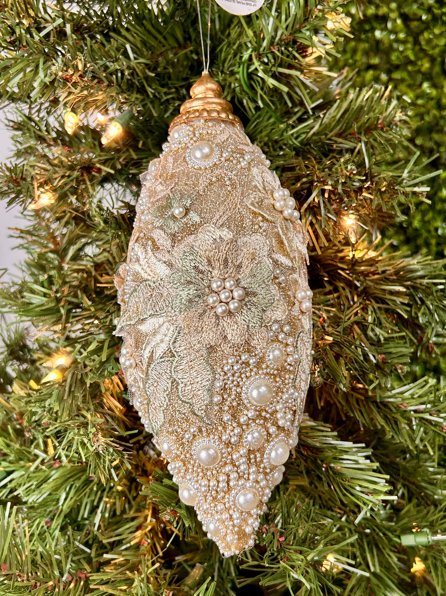 10 Inch Champagne Pearl Embossed Glitter Finial Ornament