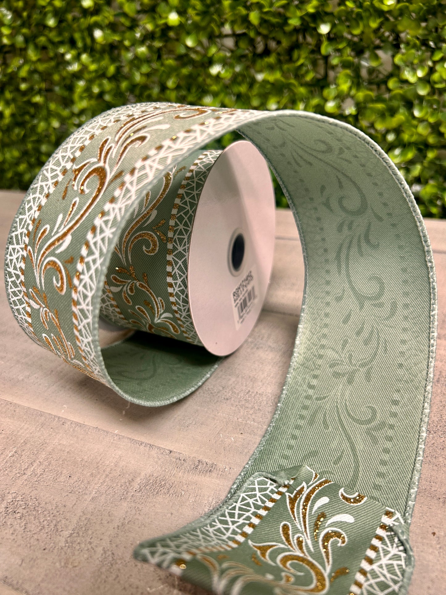 2.5 Inch By 10 Yard Sage Green White And Gold Swirls Ribbon
