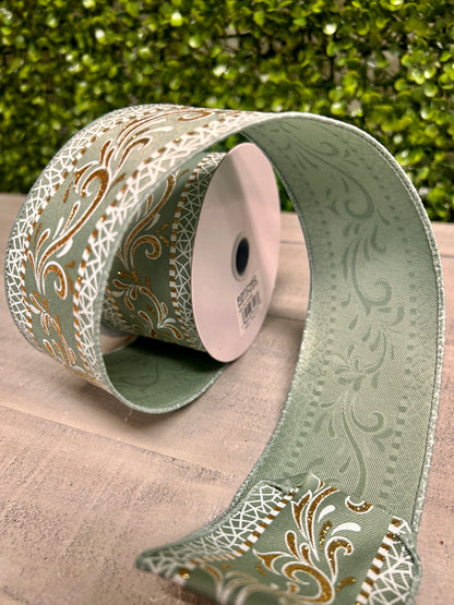 2.5 Inch By 10 Yard Sage Green White And Gold Swirls Ribbon