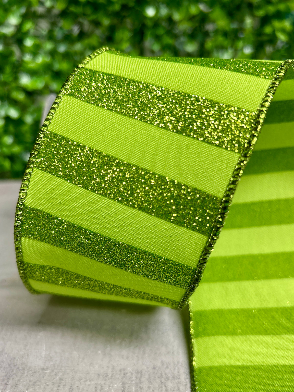 2.5 Inch By 10 Yard Lime Green Glitter Horizontal Stripe Ribbon