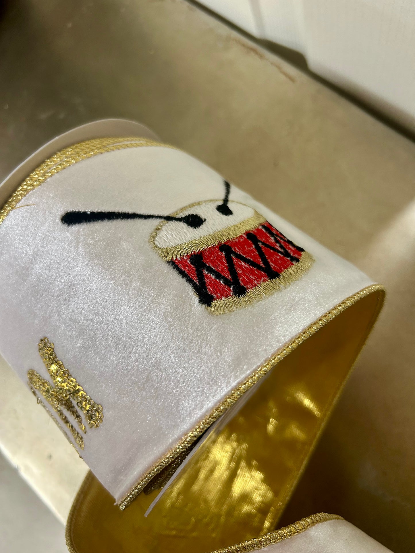 4 Inch By 10 Yard Pa Rum Pum Pum Gold Sequin Embroidery With Drum On Ivory Velvet Ribbon