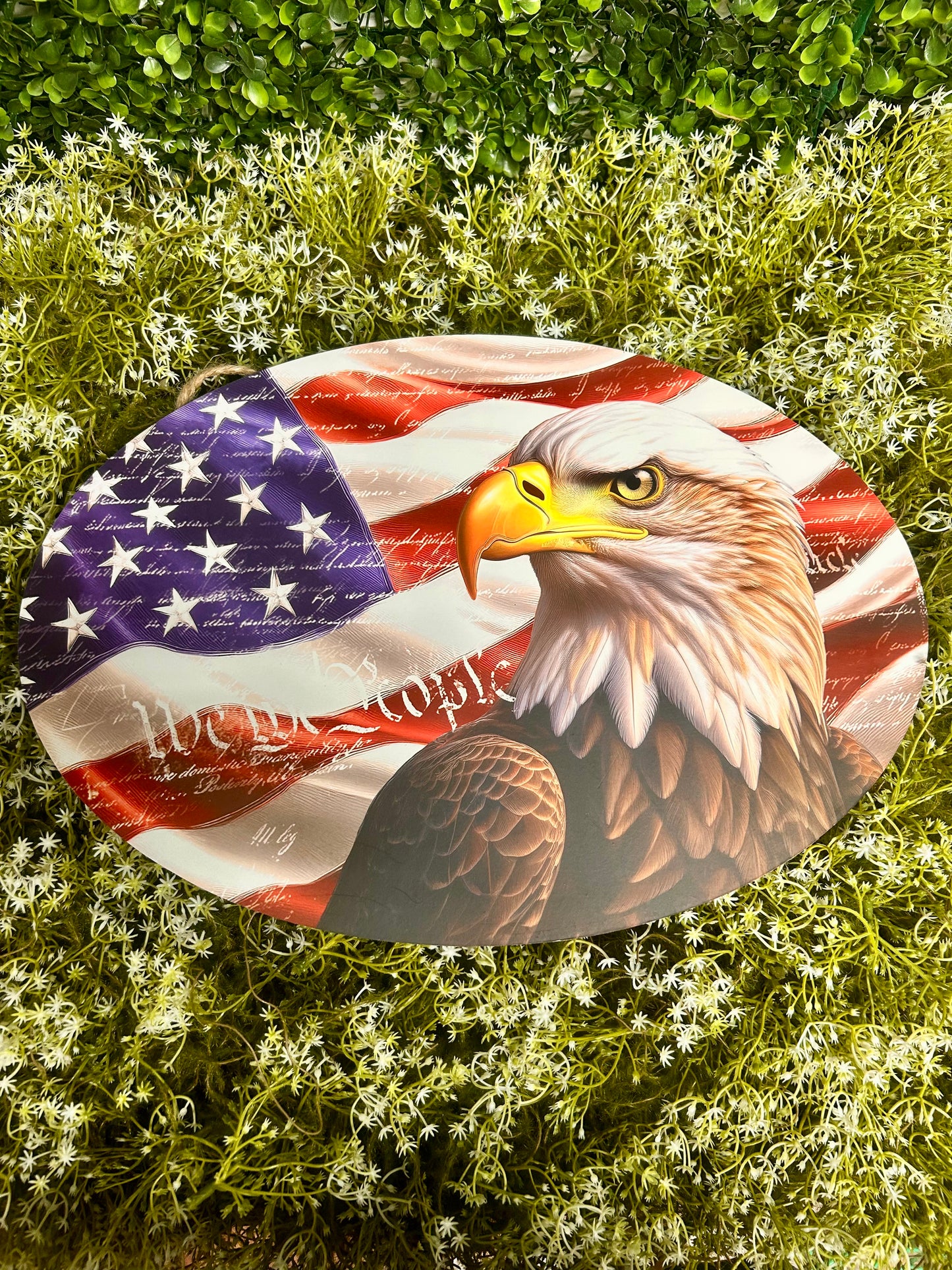 15 By 10.35 Inch Red White And Blue Eagle With Flag Oval Wood Sign