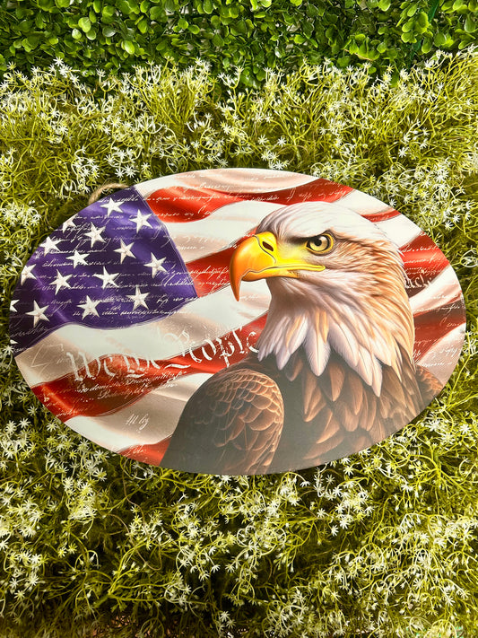 15 By 10.35 Inch Red White And Blue Eagle With Flag Oval Wood Sign
