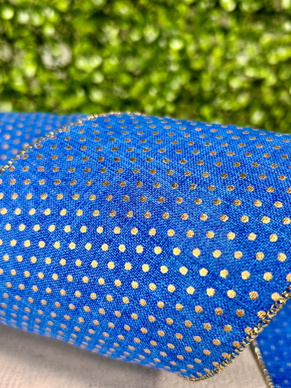 4 Inch By 10 Yard Royal Blue And Gold Swiss Dots Ribbon