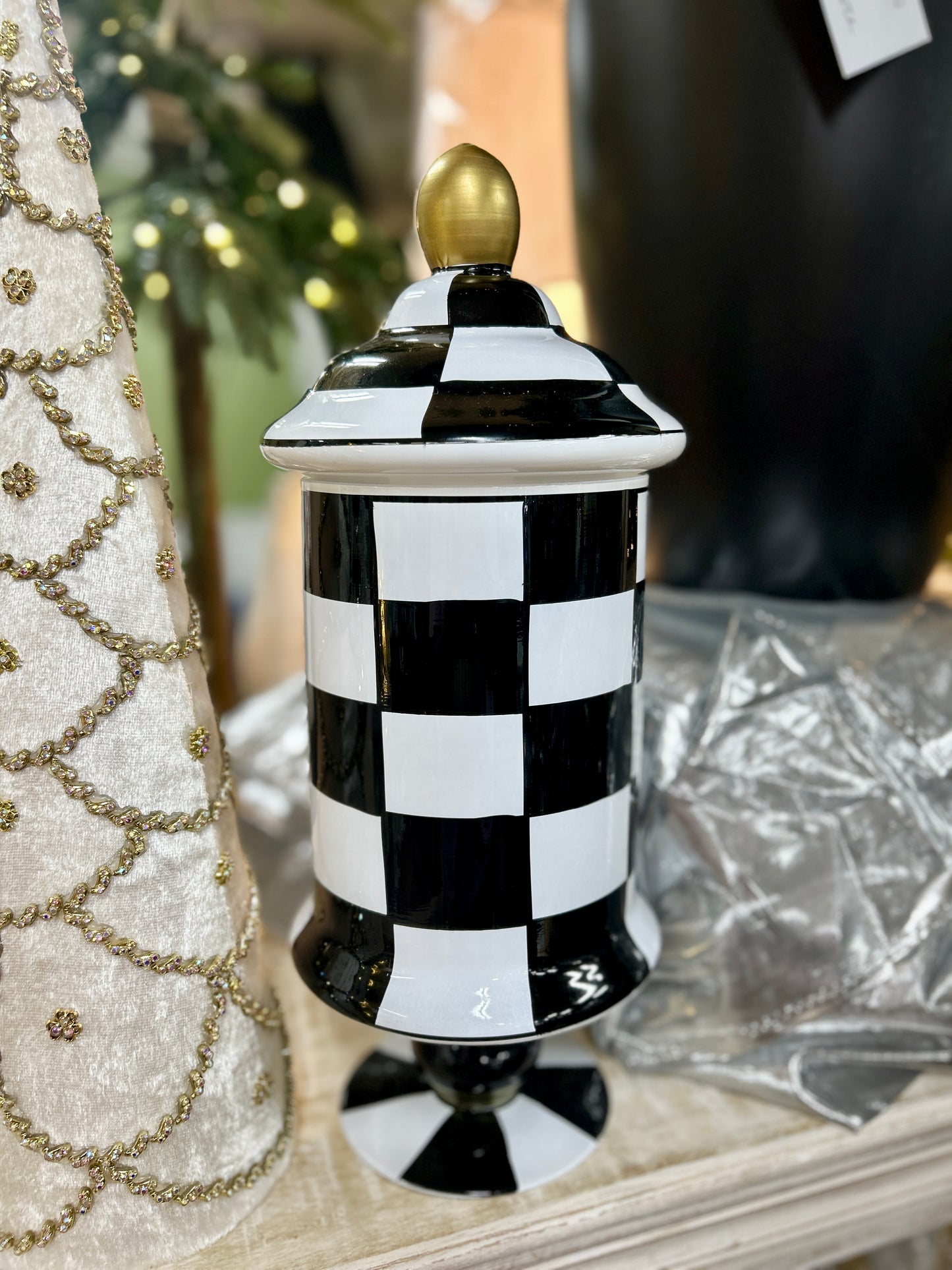 15 Inch Black And White Check Glass Jar