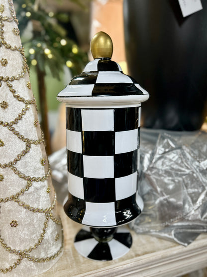 15 Inch Black And White Check Glass Jar