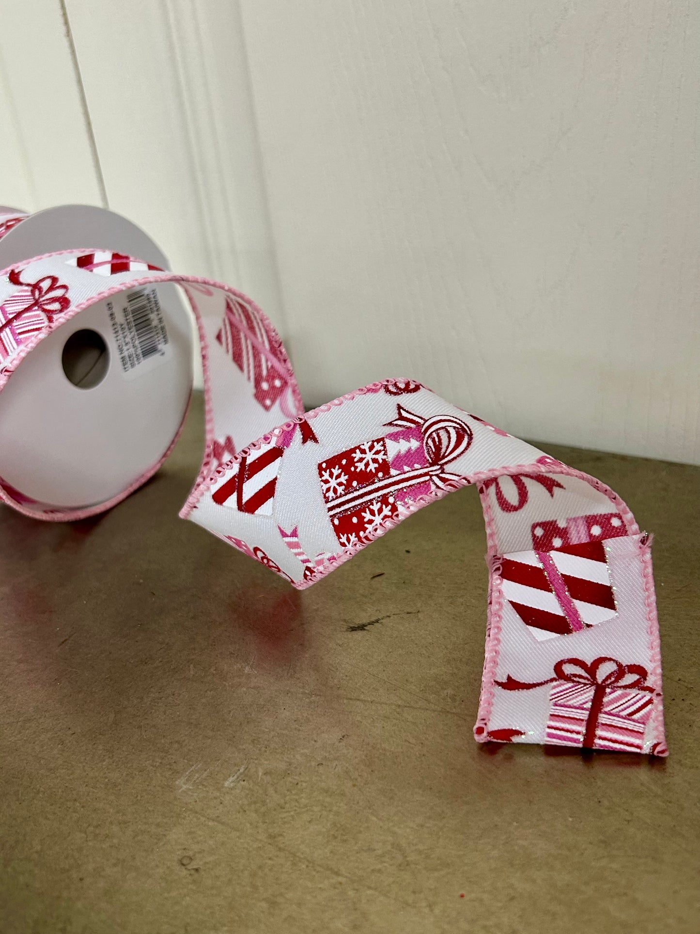 1.5 Inch By 10 Yard Red And Pink Wrapped Gifts On White Background Ribbon