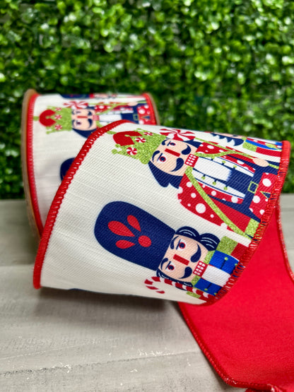 4 Inch By 10 Yard Printed Nutcracker With Red Backing Ribbon