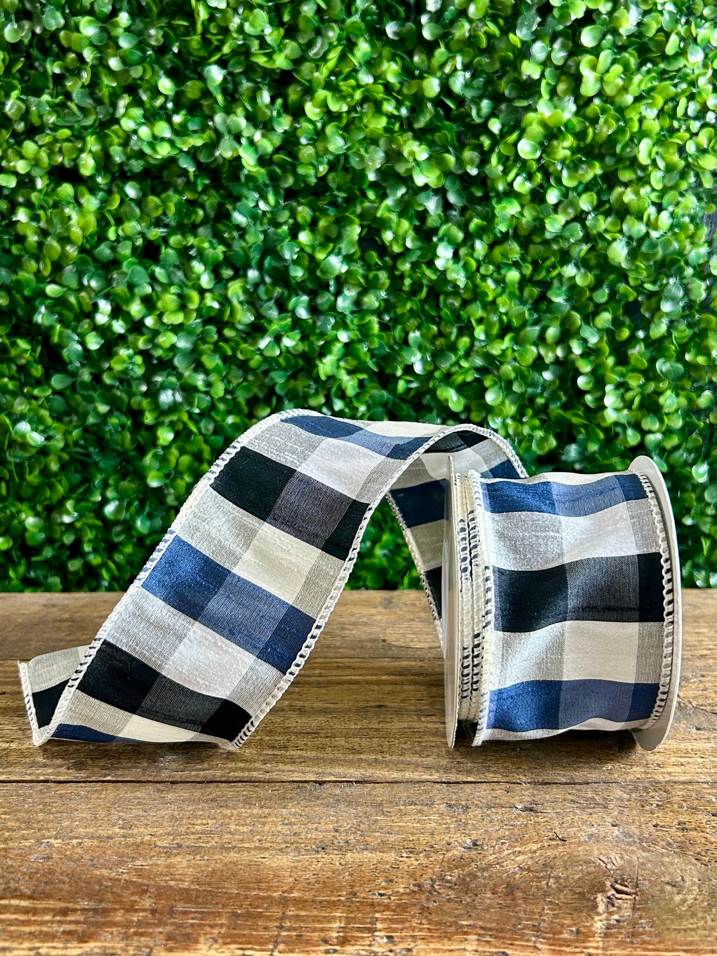 2.5 Inch By 10 Yard Black Navy And White Check Dupioni Paterson Ribbon
