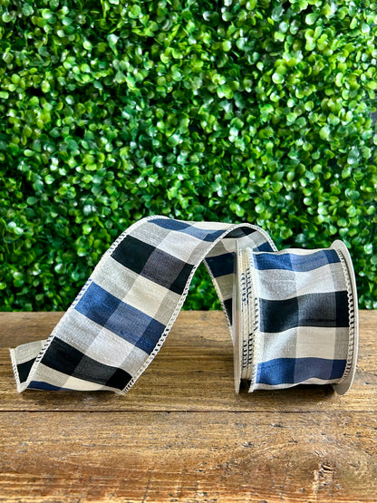 2.5 Inch By 10 Yard Black Navy And White Check Dupioni Paterson Ribbon