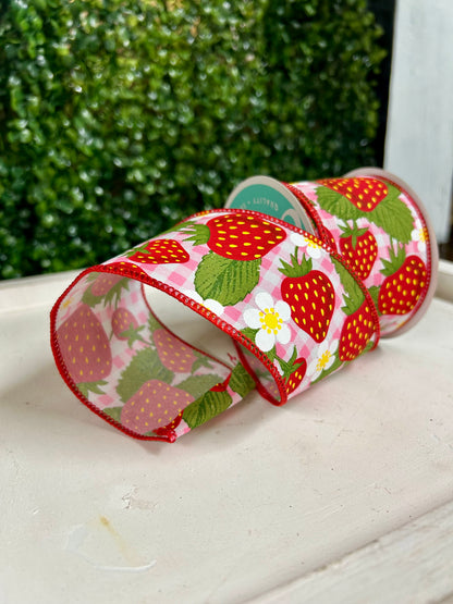 2.5 Inch By 10 Yard Red Pink And White Strawberries One Woven Check Ribbon