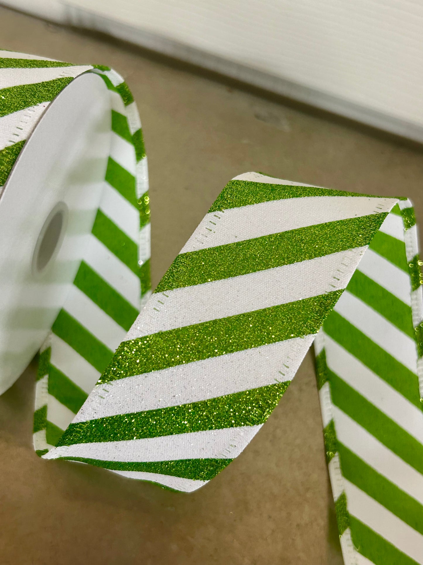 1.5 Inch By 10 Yard Lime White Flat All Glitter Candy Cane Stripe Ribbon