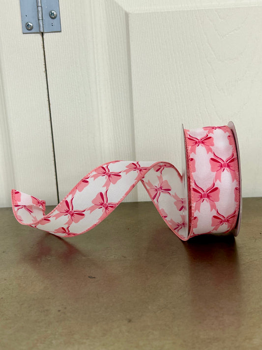 1.5 Inch By 10 Yard Pink Bow On White Background Ribbon