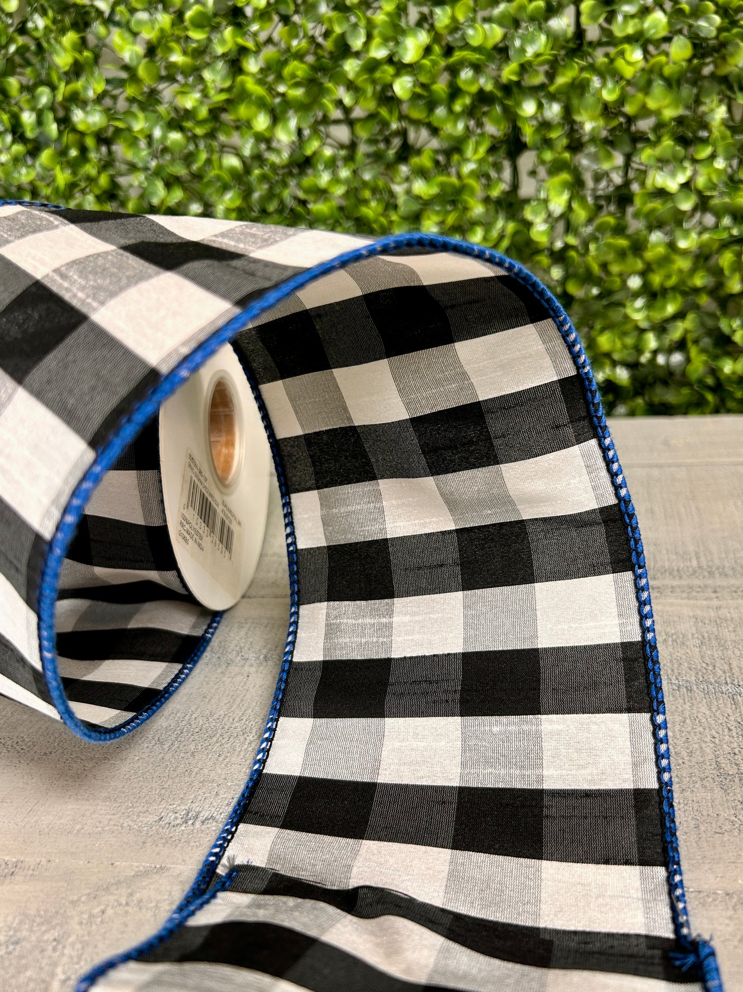 4 Inch By 10 Yards Black And Grey Grand Gingham Check With Royal Blue Edge Ribbon