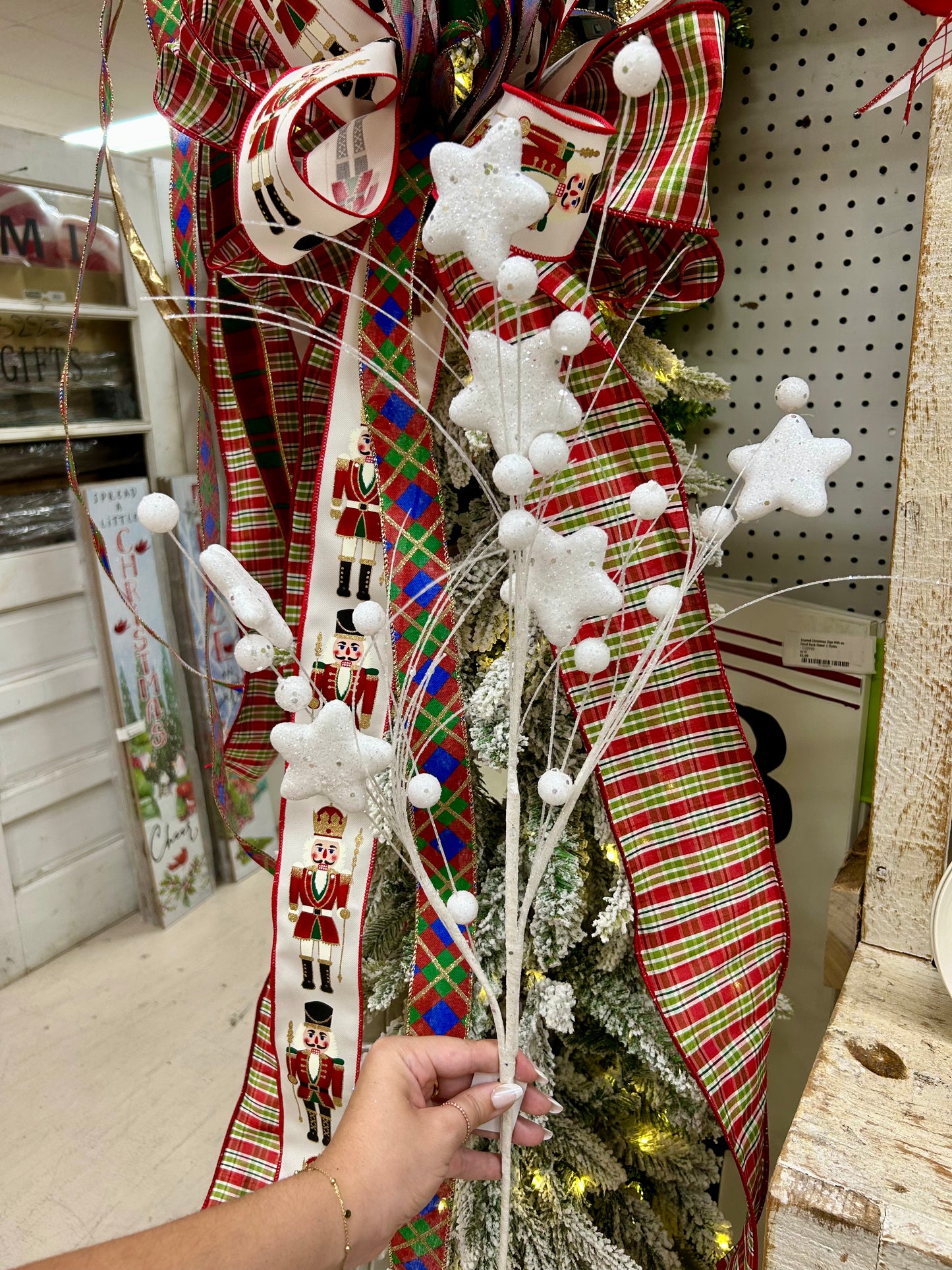 34 Inch White Glitter Star Berry Pine Spray