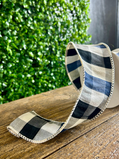 2.5 Inch By 10 Yard Black Navy And White Check Dupioni Paterson Ribbon