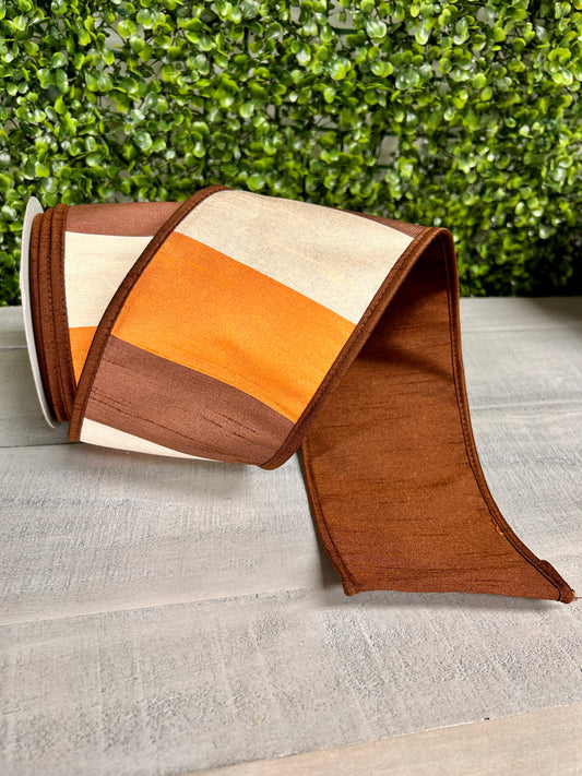 John Mark 4 Inch By 10 Yard Brown Cream Orange Dupioni Block Striped Ribbon