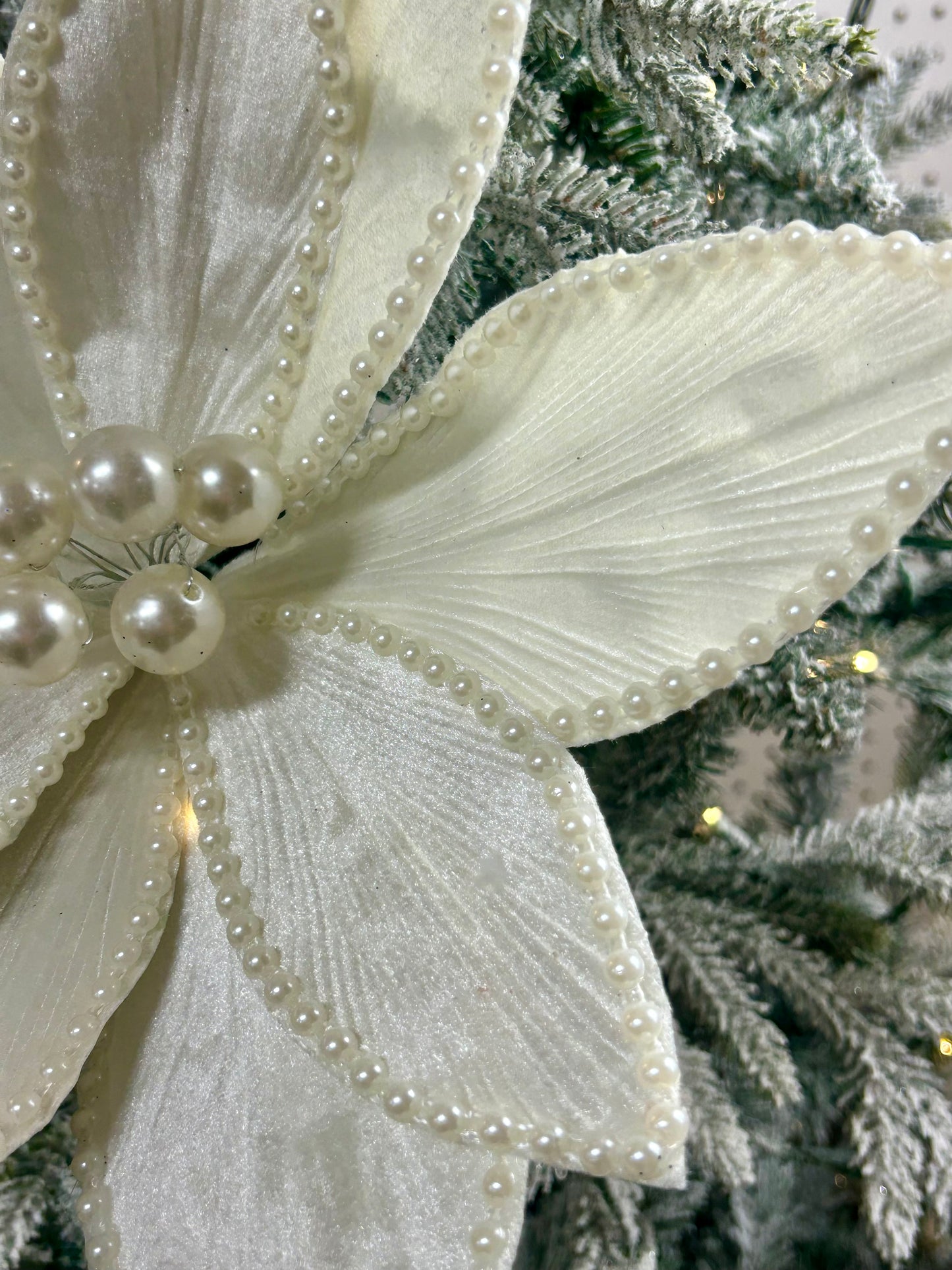 22 Inch Ivory Pearl Bead Poinsettia Pick