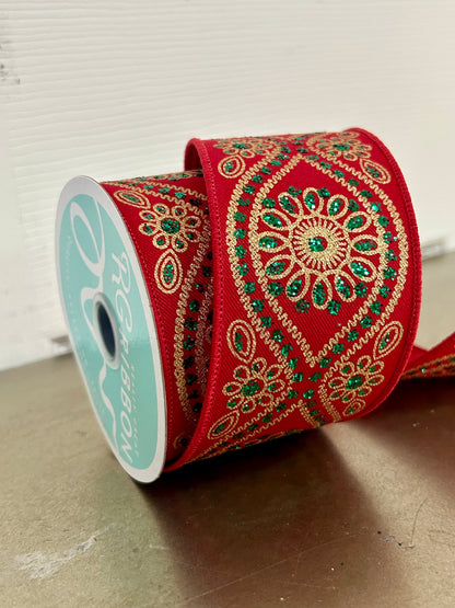 2.5 Inch By 10 Yard Red Emerald And Gold Deluxe Wavy Foral Ribbon