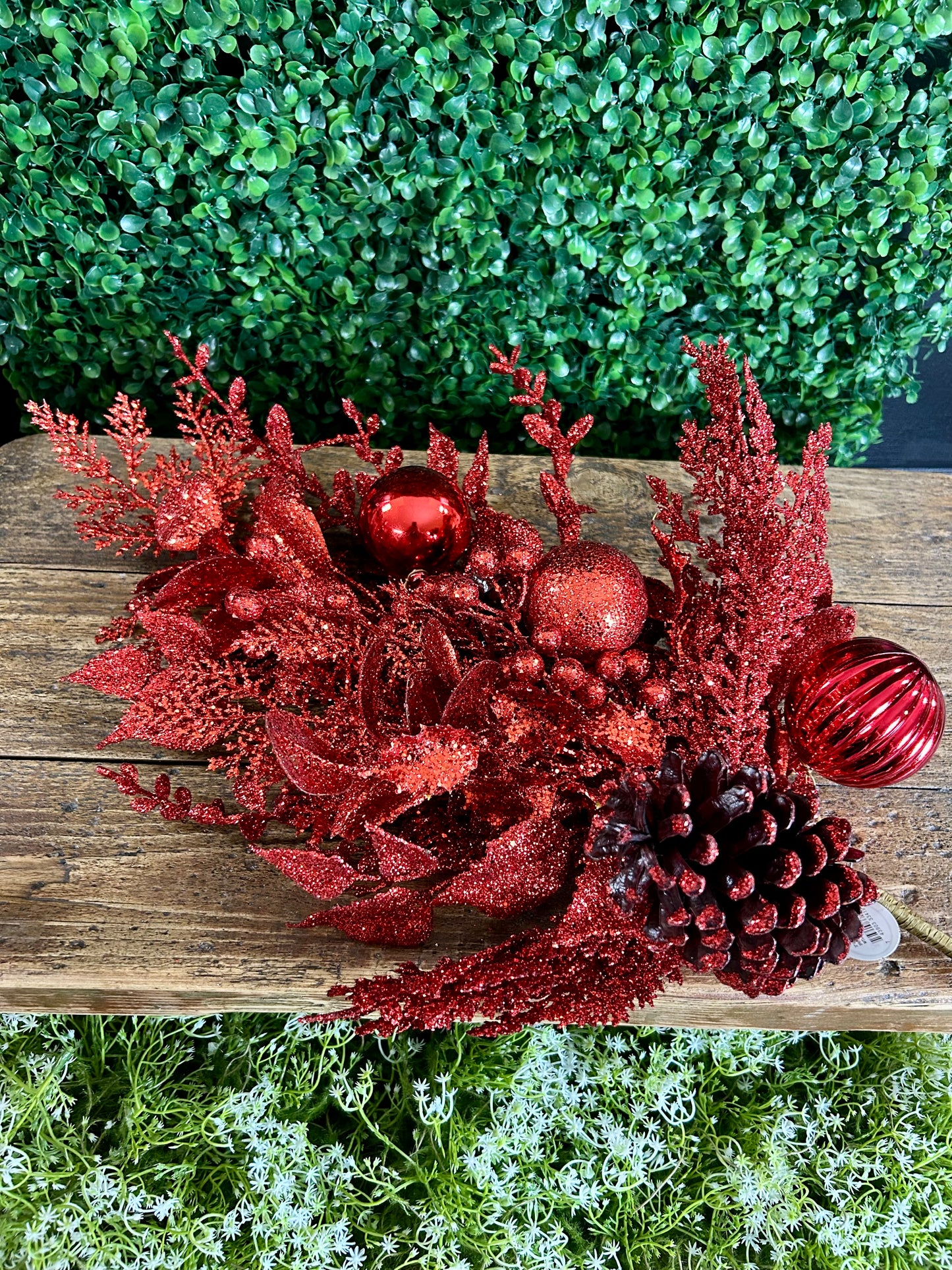 32 Inch Red Glitter Leaf Berry And Cone Spray