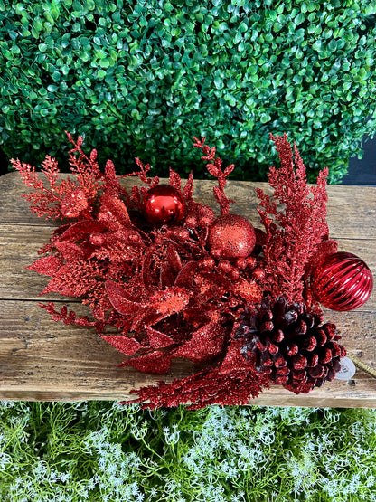 32 Inch Red Glitter Leaf Berry And Cone Spray