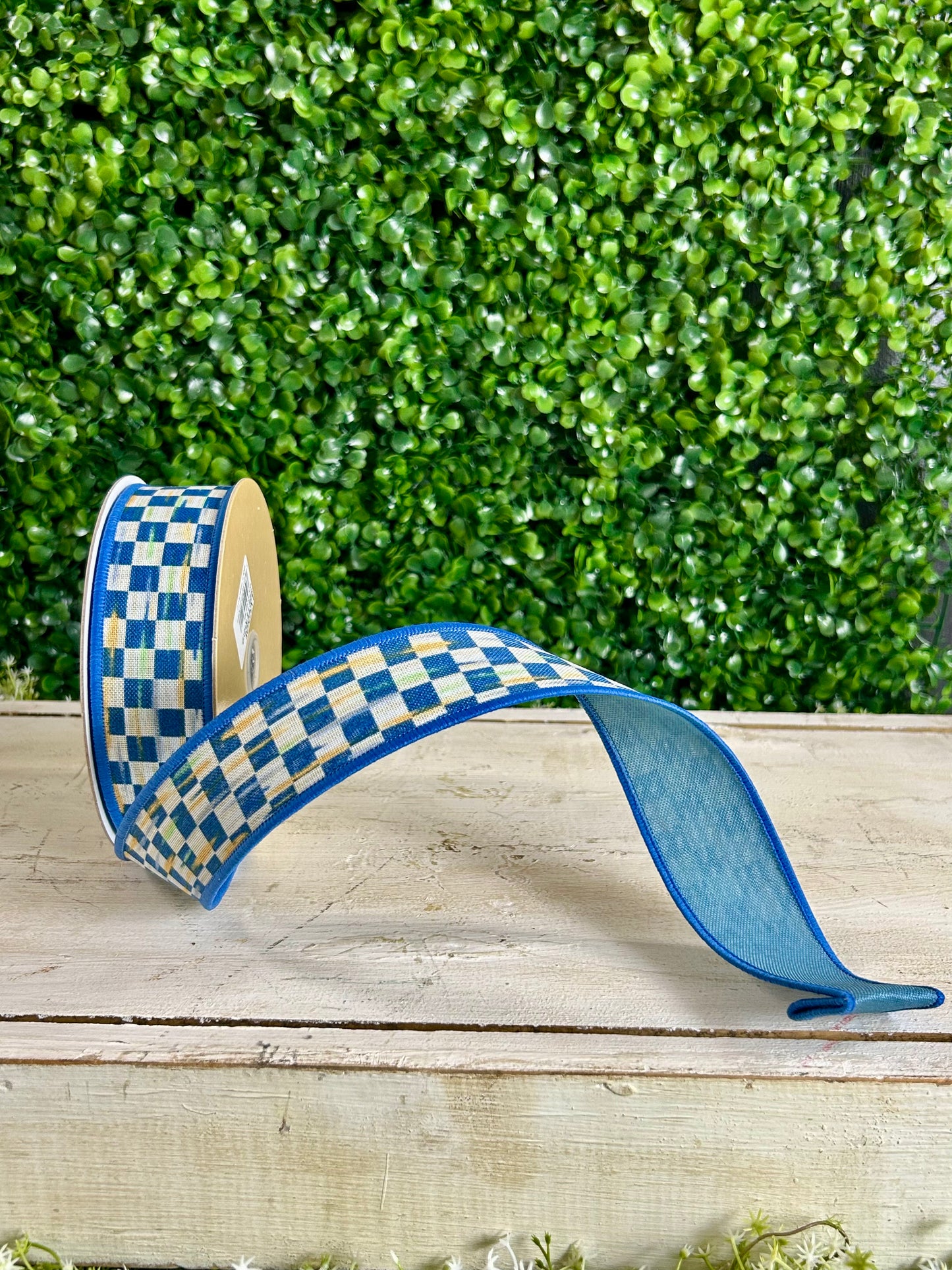 1.5 Inch By 10 Yard Beige And Blue Mini Antique Checkerboard Fused Ribbon