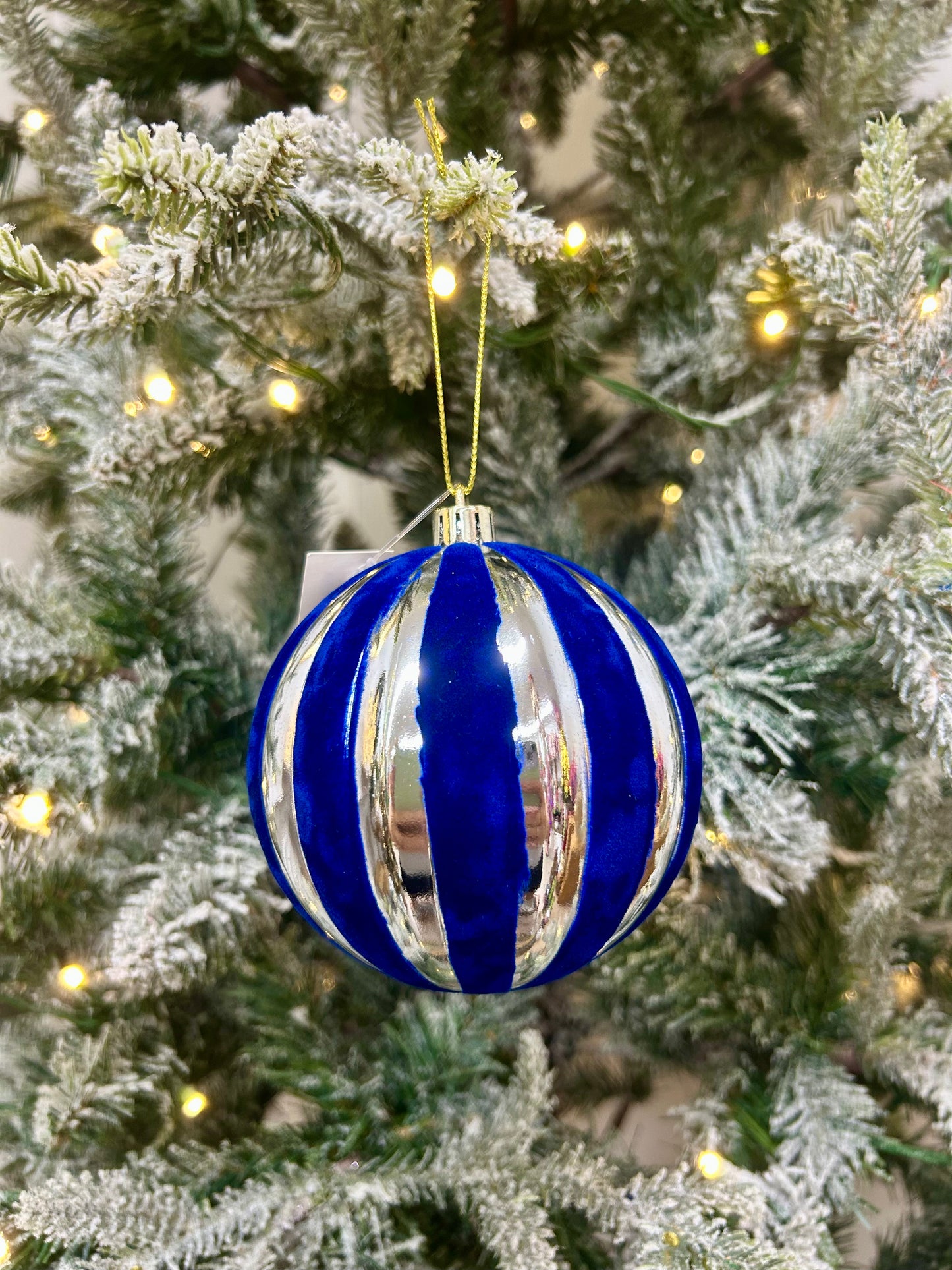 4 Inch Blue And Silver Stripe Ball Ornament