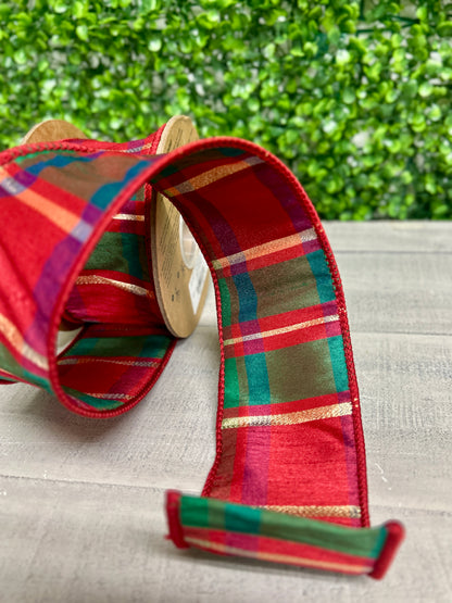 2.5 Inch By 10 Yard Red Green Gold Plaid Check Ribbon