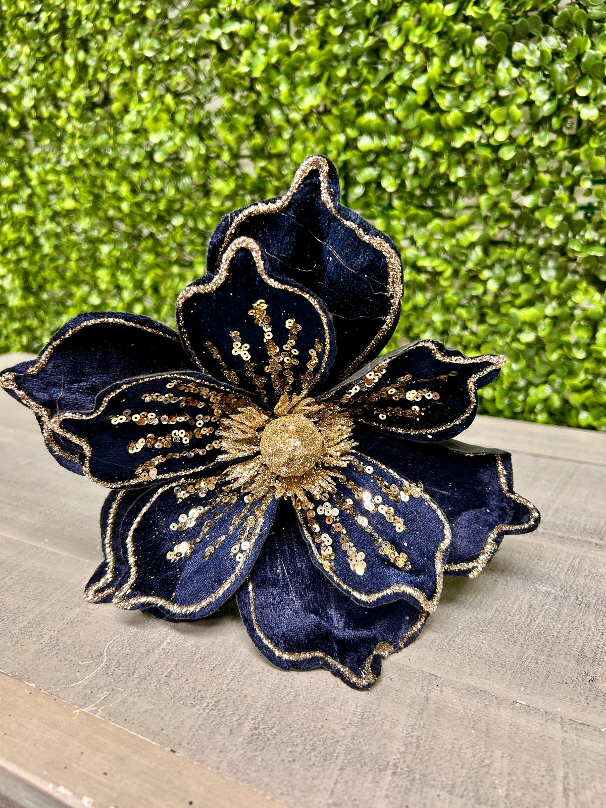 9 Inch Navy Blue With Champagne Sequins Velvet Magnolia Stem