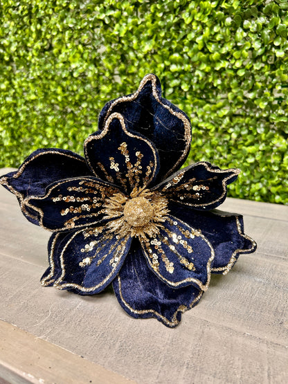 9 Inch Navy Blue With Champagne Sequins Velvet Magnolia Stem