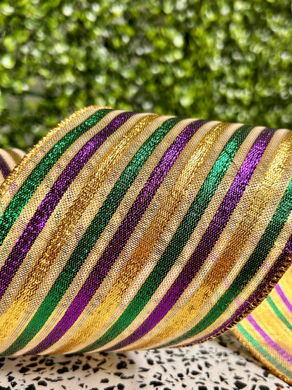 4 Inch By 10 Yard Mardi Gras Metallic Stripe Ribbon