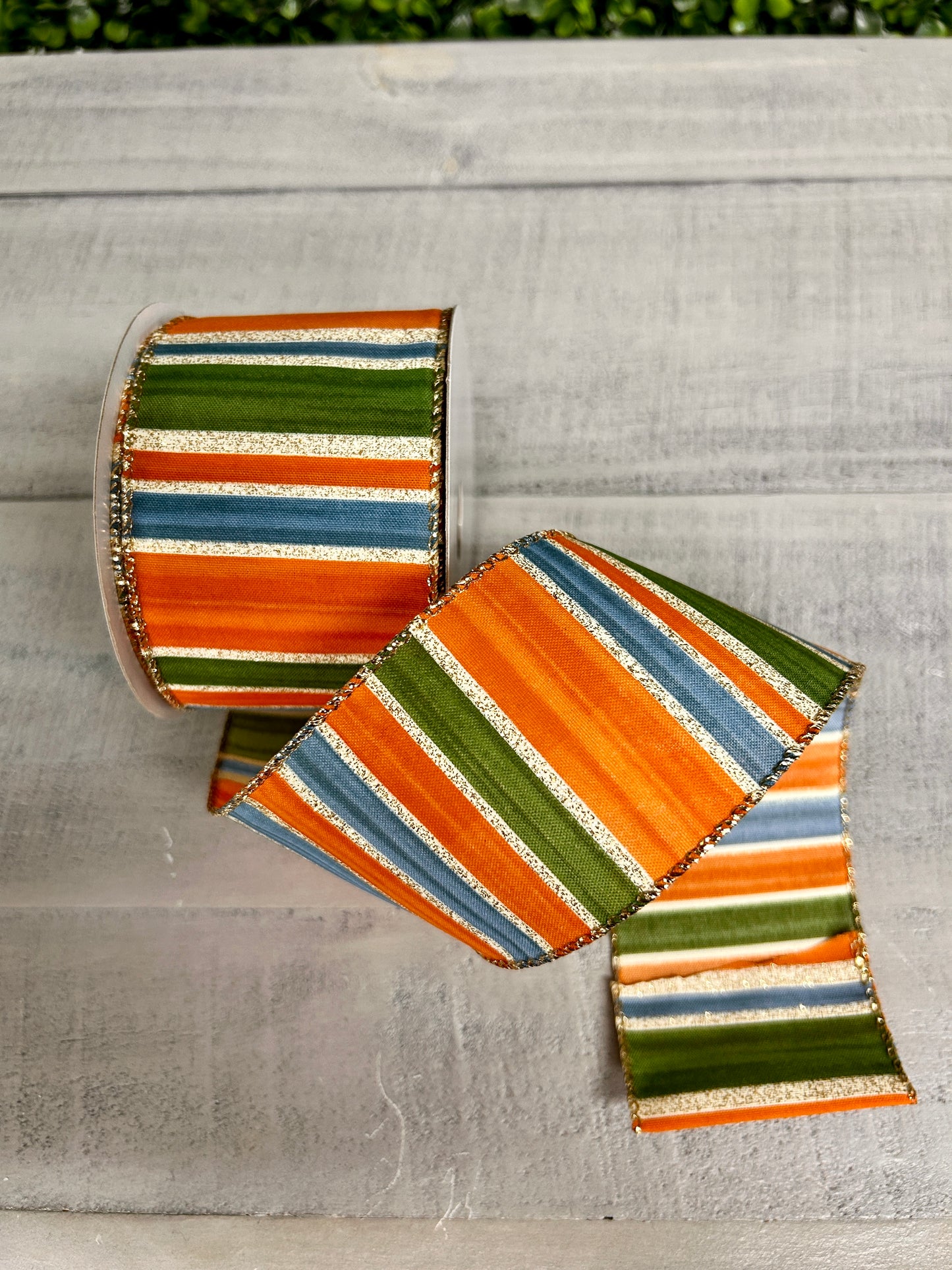 2.5 Inch By 10 Yard Rust Moss Blue Painted Stripes Ribbon