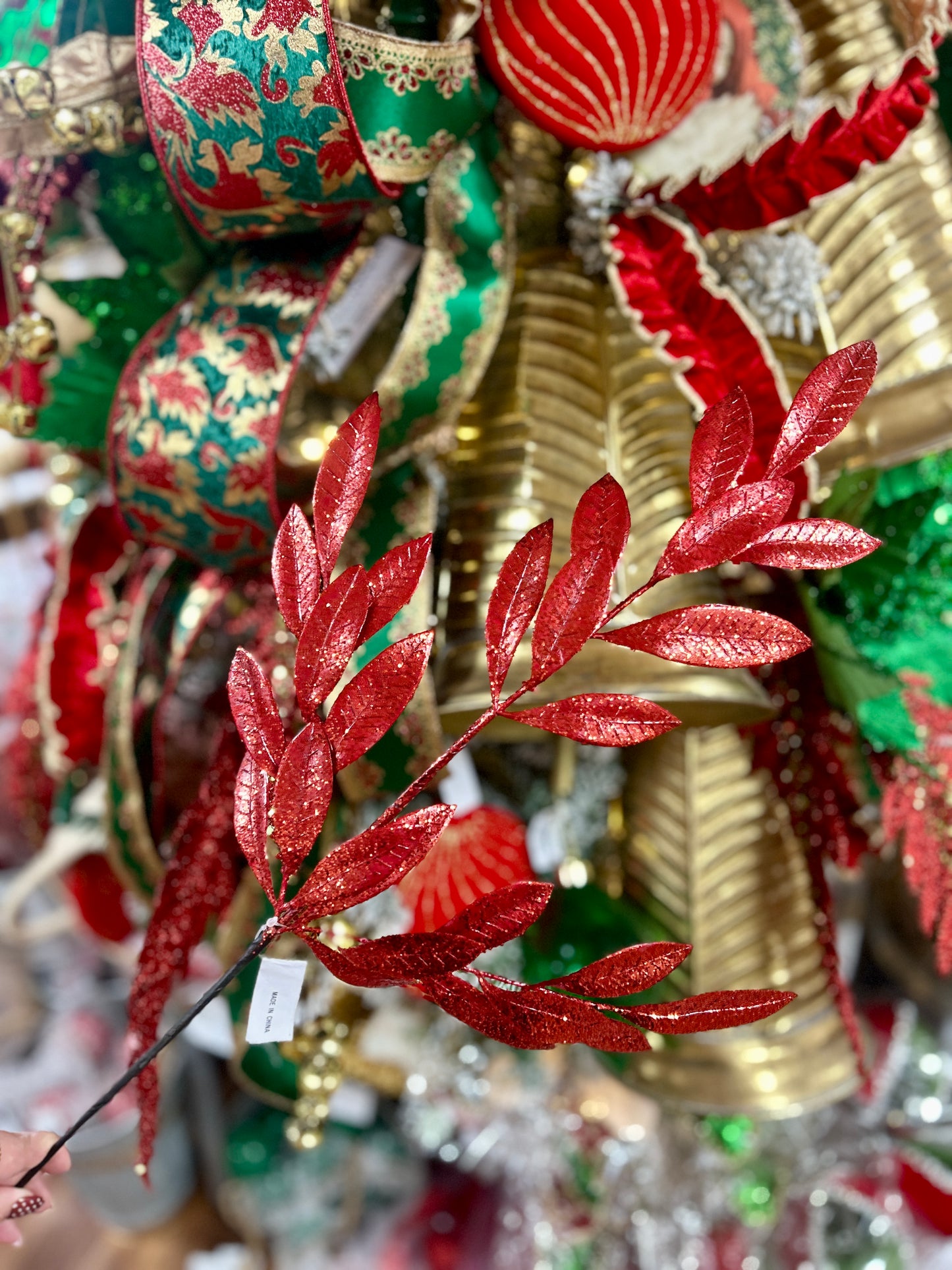 26 Inch Red Metallic Bay Leaf Spray