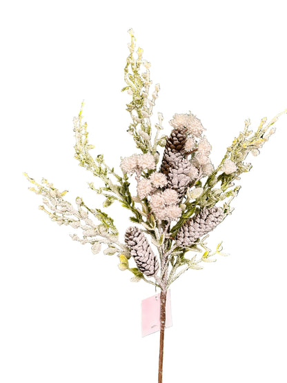 24 Inch White Pinecone Pom Pom Snow Spray