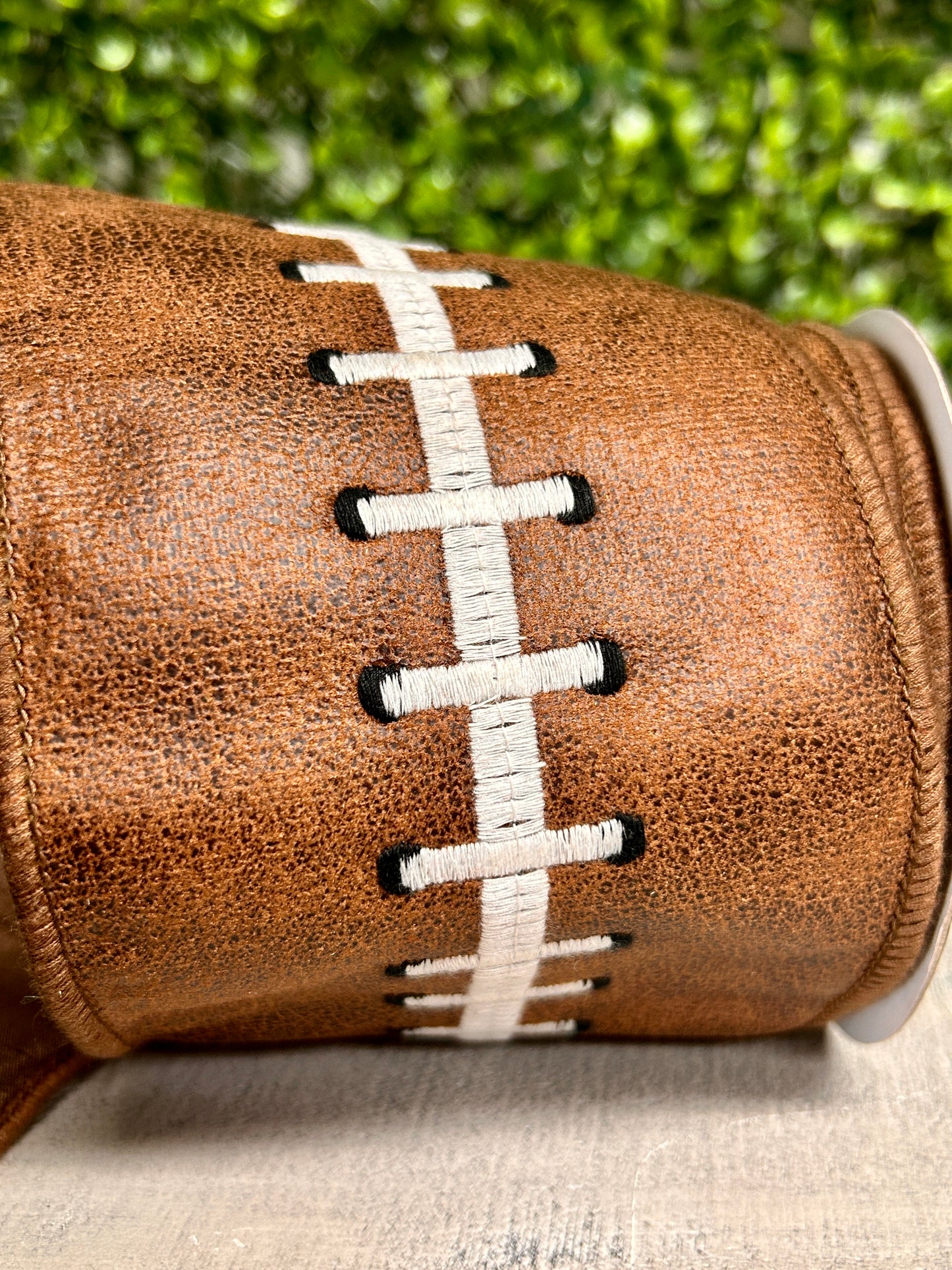 John Mark Enterprises 4 Inch By 5 Yard Embroidered Football Stitch Dupioni Fused Ribbon