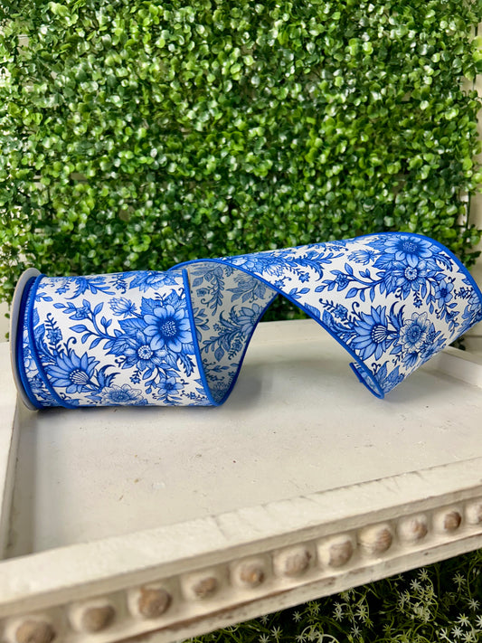 4 Inch By 10 Yard Blue And White Chinoiserie Floral Ribbon