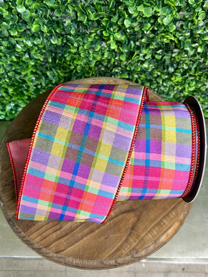 4 Inch By 10 Yards Strawberry Plaid Deluxe Mesh Backed Wired Edge