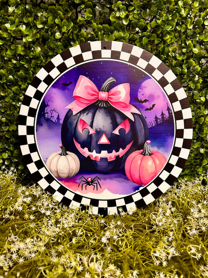 12 Inch Pink And Purple Jack-O-Lantern With Bow Sign