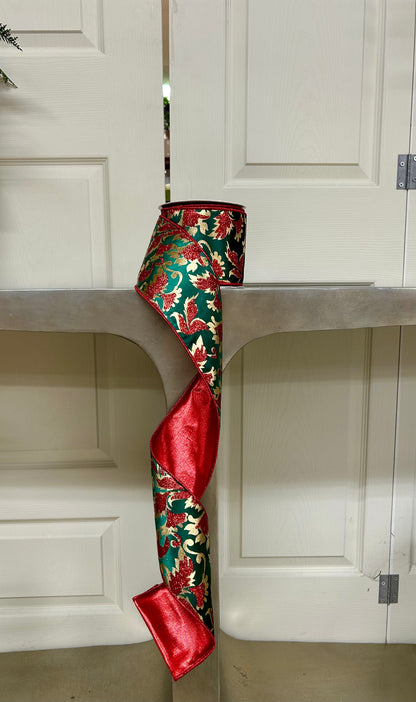 4 Inch By 10 Yard Gold Glitter Print Leaf Pattern On Dark Green Velvet Ribbon