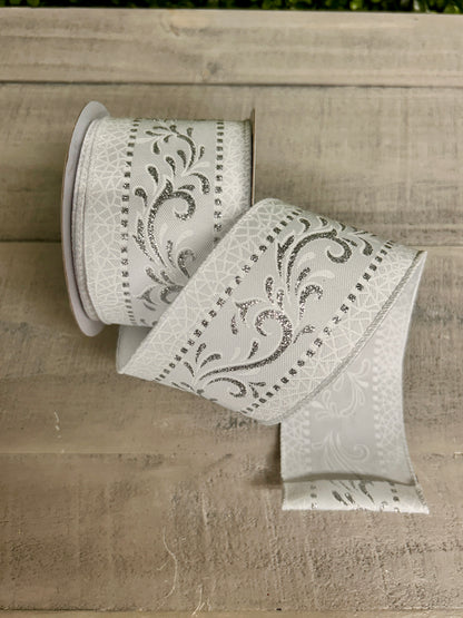 2.5 Inch By 10 Yard White And Silver Swirls Ribbon