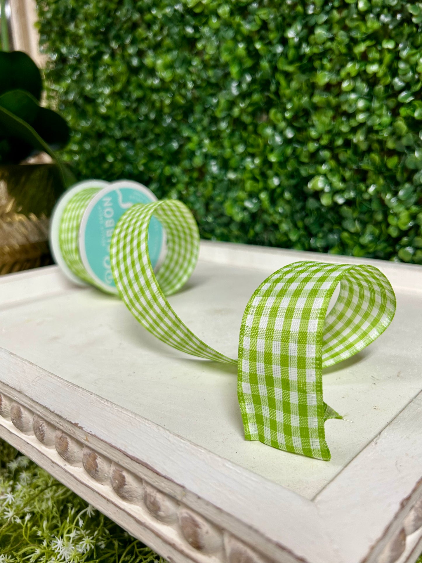 1.5 Inch By 10 Yard Apple Green And White Gingham Check Ribbon