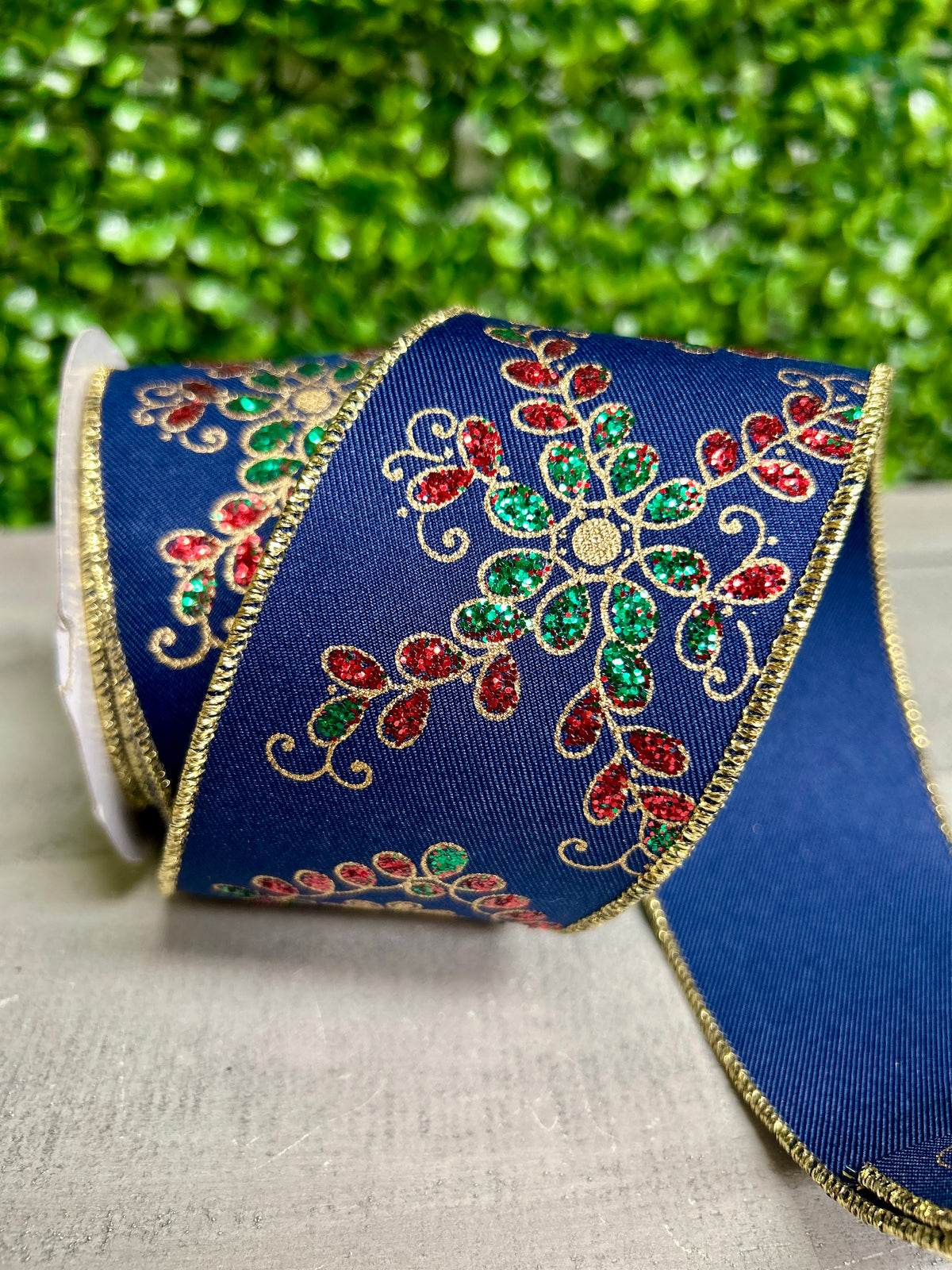 2.5 Inch By 10 Yard Navy Emerald And Red Ornate Loop Diamond Ribbon