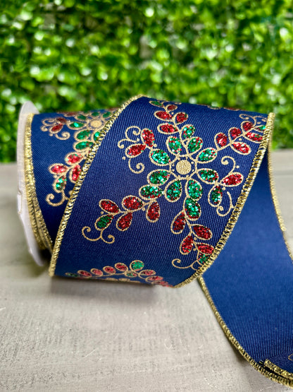 2.5 Inch By 10 Yard Navy Emerald And Red Ornate Loop Diamond Ribbon