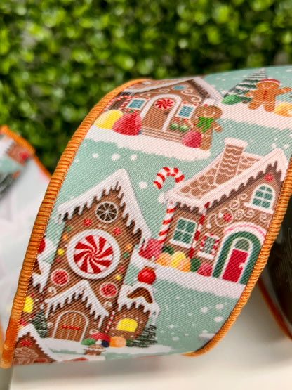 2.5 Inch By 10 Yard Light Blue Gingerbread Village Ribbon