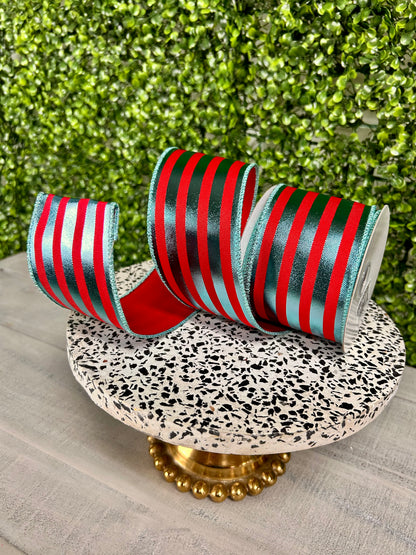 2.5 Inch By 10 Yard Red And Ice Blue Metallic Vertical Stripes Ribbon