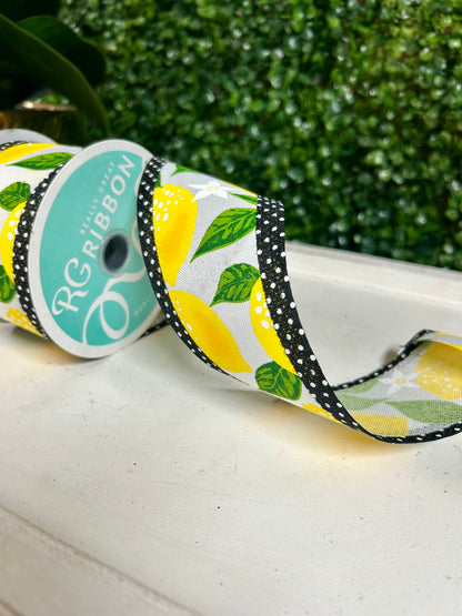 2.5 Inch By 10 Yard White Yellow And Black Lemons And Swiss Dots