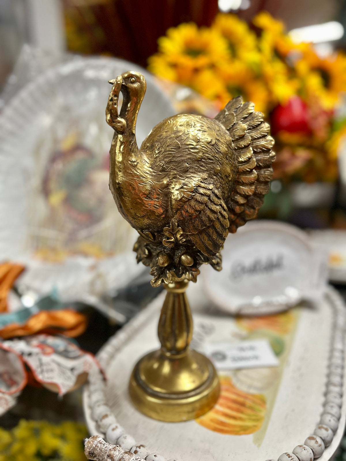 13.25 Inch Gold Resin Turkey On Pedestal